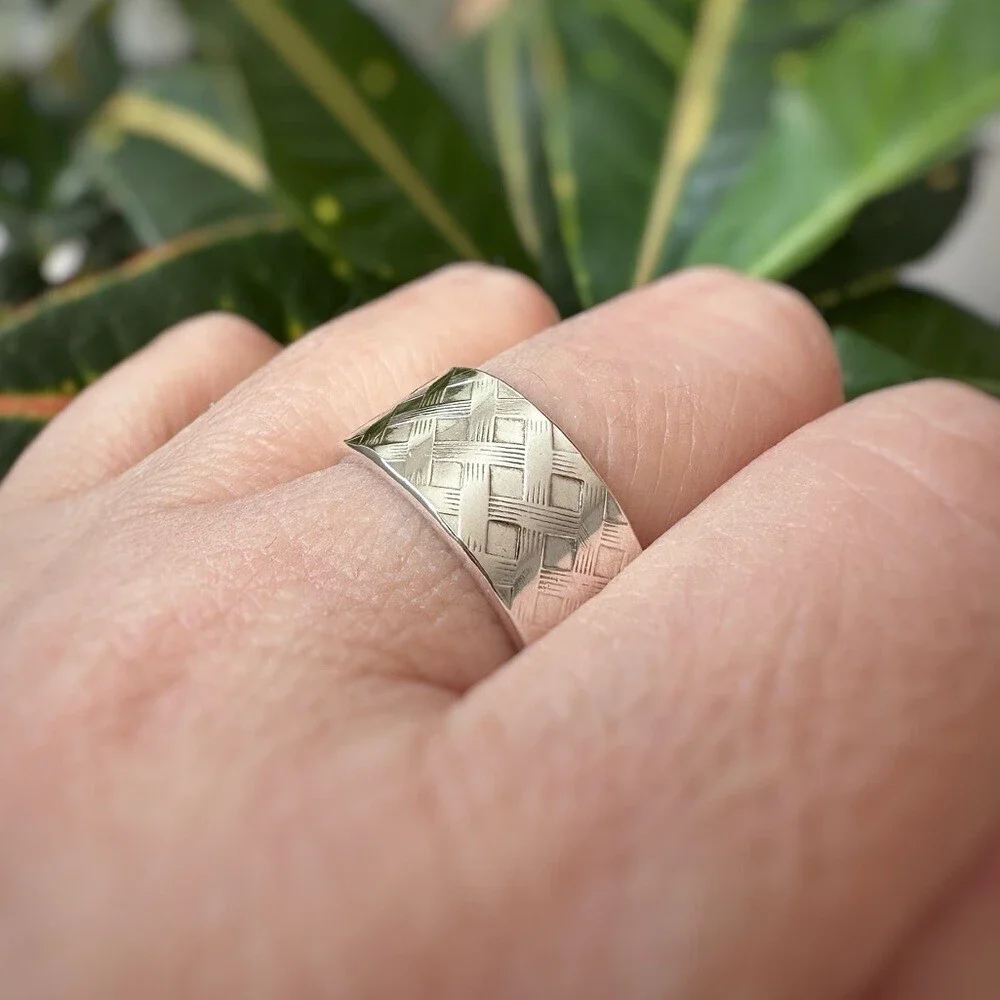 Men’s Wide Sterling Silver Plaid Textured Open Cuff Ring Cigar Band